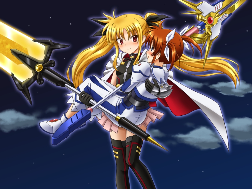 2girls, armor, bardiche_(nanoha), bardiche_(zanber_form)_(nanoha), blonde_hair, blue_eyes, blush, brown_hair, cape, carrying, cloud, dress, energy_sword, fate_testarossa, fate_testarossa_(blaze_form), gloves, hair_ribbon, long_hair, long_sleeves, lyrical_nanoha, magical_girl, mahou_shoujo_lyrical_nanoha, mahou_shoujo_lyrical_nanoha_a's, mahou_shoujo_lyrical_nanoha_innocent, mahou_shoujo_lyrical_nanoha_the_movie_2nd_a's, multiple_girls, princess_carry, puffy_sleeves, raising_heart, raising_heart_(exelion_mode)_(2nd), red_eyes, ribbon, short_twintails, skirt, sky, sleeveless, smile, soresuthia, star_(sky), starry_sky, sword, takamachi_nanoha, takamachi_nanoha_(exelion_mode), twintails, weapon, yuri
