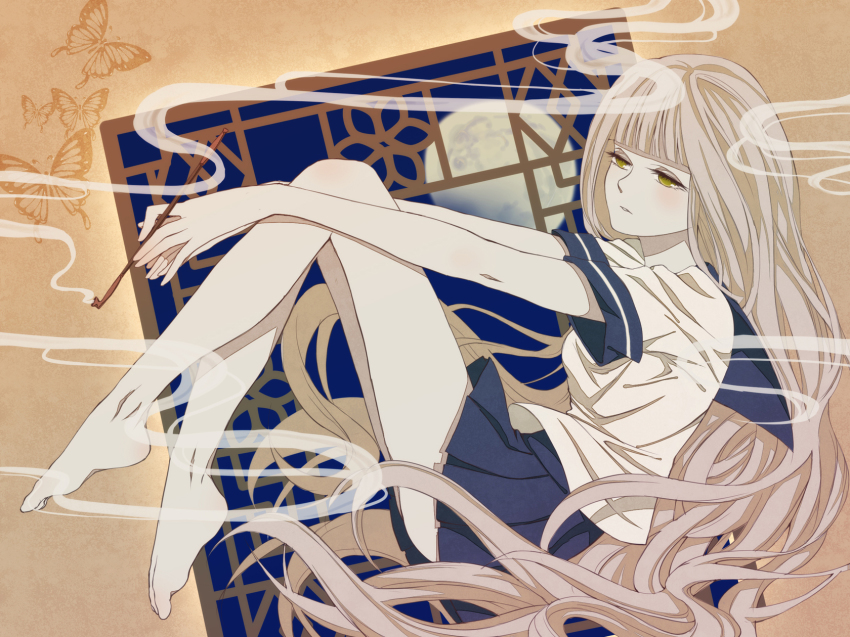 1girl, barefoot, brown_hair, bug, butterfly, female_focus, highres, insect