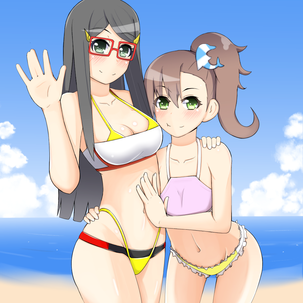 2girls, :t, alfort_(may0508), beach, bikini, black_hair, blush, breasts
