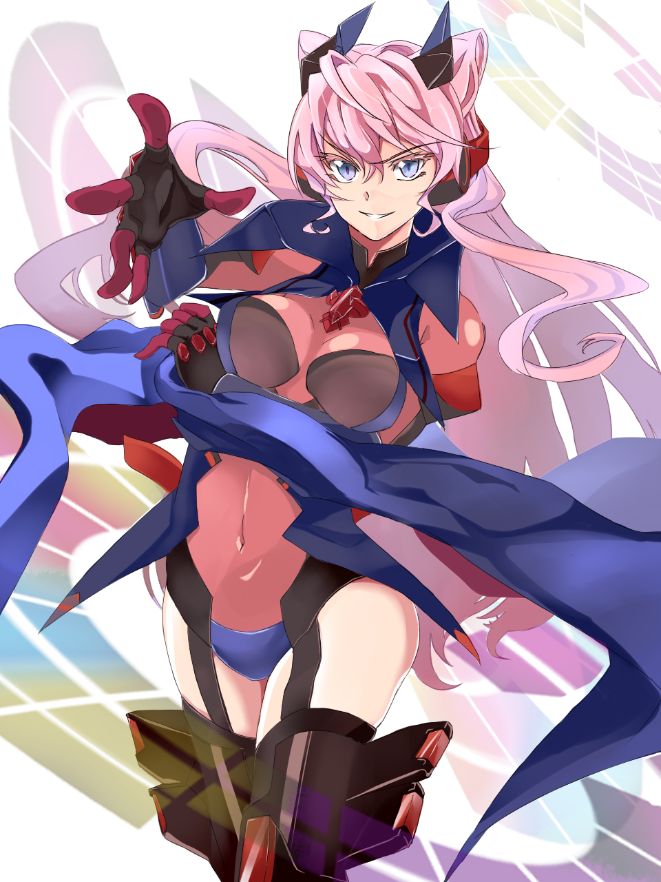1girl, armor, bad_id, bad_pixiv_id, blue_eyes, bodysuit, cape, covered_navel, female_focus, garter_straps, gloves, headphones, highres, kamo_(yokaze), long_hair, maria_cadenzavna_eve, pink_hair, power_armor, satelight, senki_zesshou_symphogear, solo, thighhighs