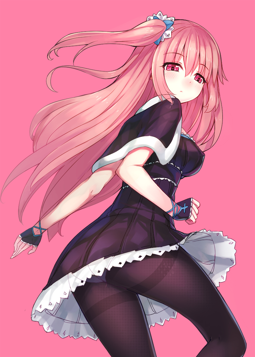 1girl, ass, dress, emily_(ririko), emily_(zhuoyandesailaer), female_focus, fingerless_gloves, frills, gloves, highres, long_hair, looking_back, one_side_up, original, panties, panties_under_pantyhose, pantyhose, pantyshot, petticoat, pink_background, pink_eyes, pink_hair, pink_theme, red_hair, ririko_(zhuoyandesailaer), simple_background, solo, thighband_pantyhose, underwear, upskirt