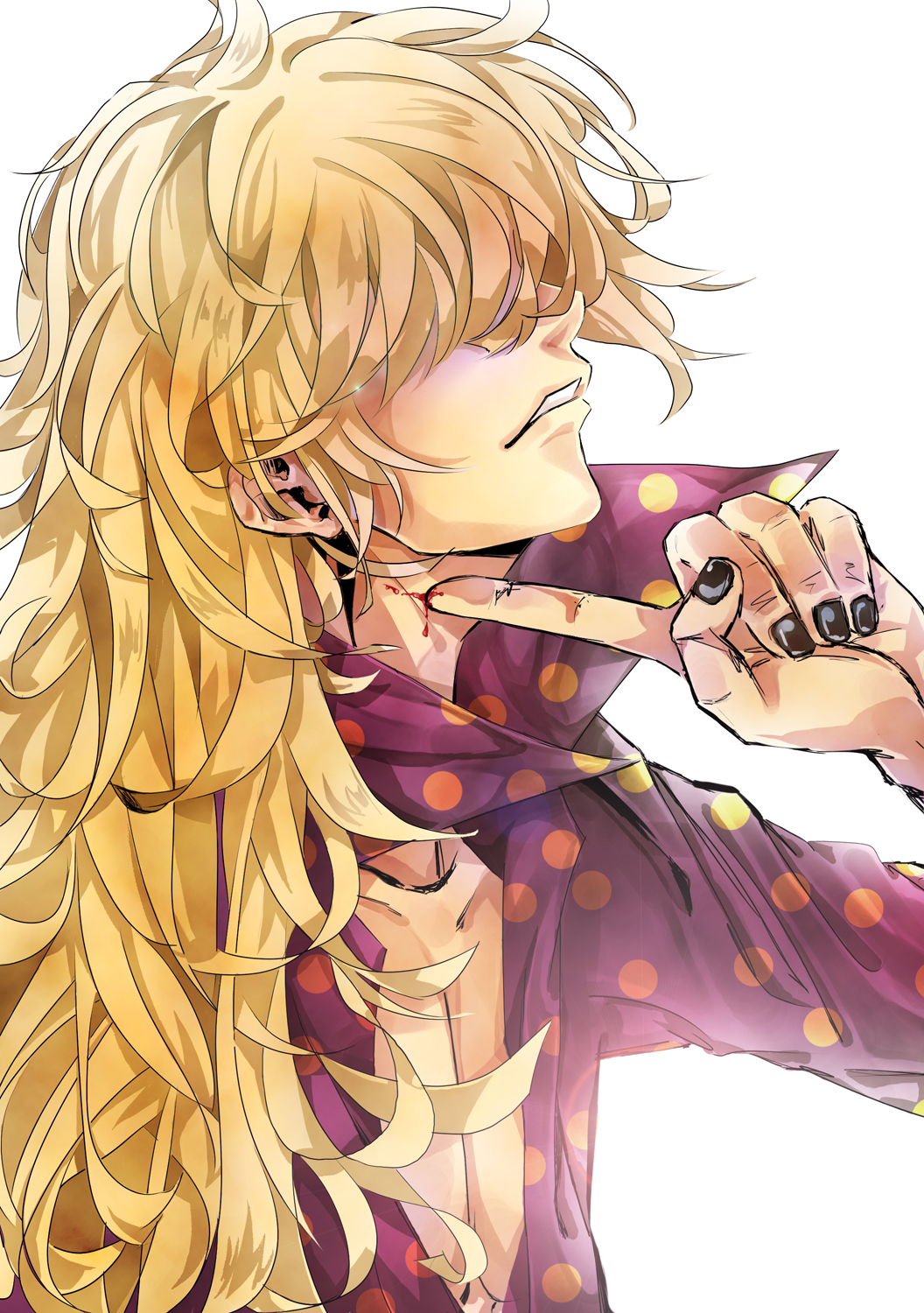 1boy, black_nails, blonde_hair, blood, hair_over_eyes, highres, kid_pirates, killer_(one_piece), male_focus, nail_polish, one_piece, open_collar, polka_dot, polka_dot_shirt, popped_collar, profile, shirt, solo