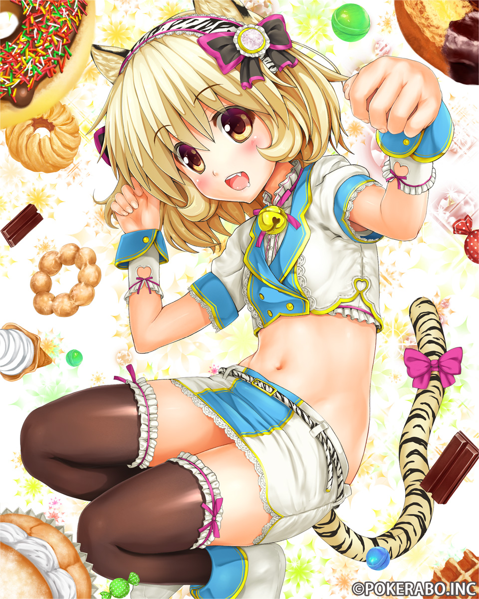 1girl, animal_ears, bell, blonde_hair, blush, candy, chocolate, crop_top