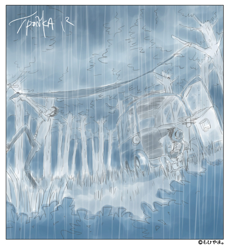 2boys, arsene_lupin_iii, artist_name, beard, dark, facial_hair, fedora, grass, hat, jigen_daisuke, lupin_iii, male_focus, mohiyama, moriyama, motor_vehicle, multiple_boys, rain, sideburns, tree, van, vehicle