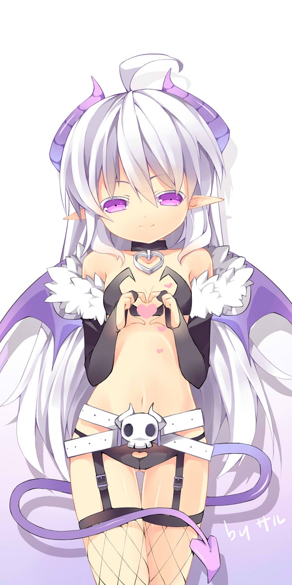 1girl, four-finger_heart_hands, ahoge, artist_name, belt, belt_skirt, choker, clothing_cutout, cowboy_shot, demon_girl, demon_tail, demon_wings, female_focus, fishnets, garter_straps, heart, heart_cutout, heart_hands, highres, horns, mofetousu_furuna, navel, original, pointy_ears, purple_eyes, saru, skull, solo, tail, white_hair, wings