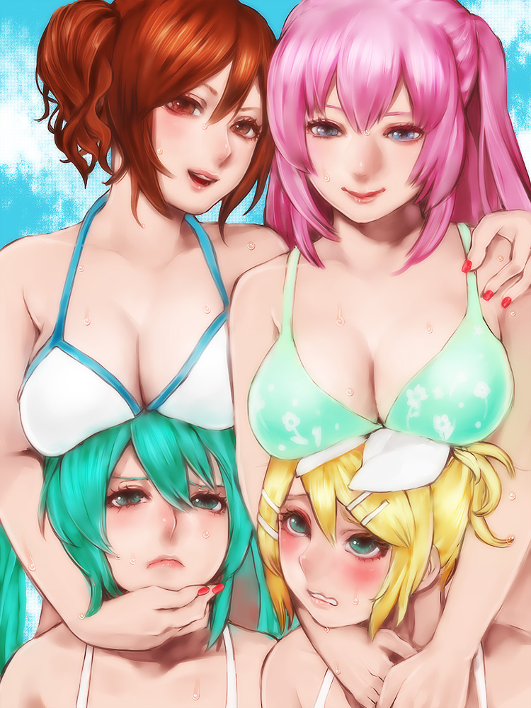 00s, 4girls, aqua_eyes, aqua_hair, arms_around_neck, bikini, blonde_hair, blue_eyes, blush, breast_envy, breast_rest, breasts, breasts_on_head, brown_eyes, brown_hair, cleavage, closed_mouth, frown, hair_ornament, hairclip, hand_on_shoulder, hatsune_miku, kagamine_rin, large_breasts, lips, long_hair, looking_up, megurine_luka, meiko_(long_pareo)_(vocaloid), meiko_(vocaloid), meriko, multiple_girls, nail_polish, pink_hair, project_diva_(series), project_diva_f, short_hair, side_ponytail, smile, summer_idol_(vocaloid), sweat, swimsuit, twintails, vocaloid