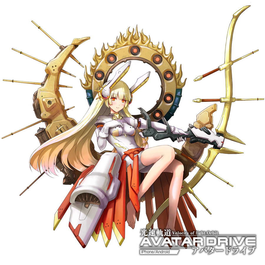 1girl, bare_legs, blonde_hair, bodysuit, bow_(weapon), copyright_name, female_focus, hand_on_own_chest, ken_(fkenorat), kousoku_kidou_avatar_drive, long_hair, mecha_musume, red_eyes, sitting, smile, solo, watermark, weapon, white_background
