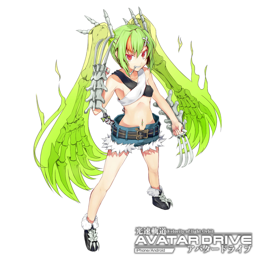 1girl, bone, claw_(weapon), copyright_name, female_focus, green_hair, hair_ornament, hairclip