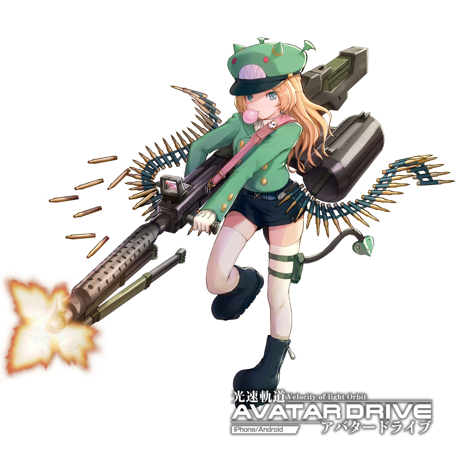 1girl, ammunition_belt, blonde_hair, blowing_bubble_gum, blowing_bubbles, blue_eyes, boots, casing_ejection