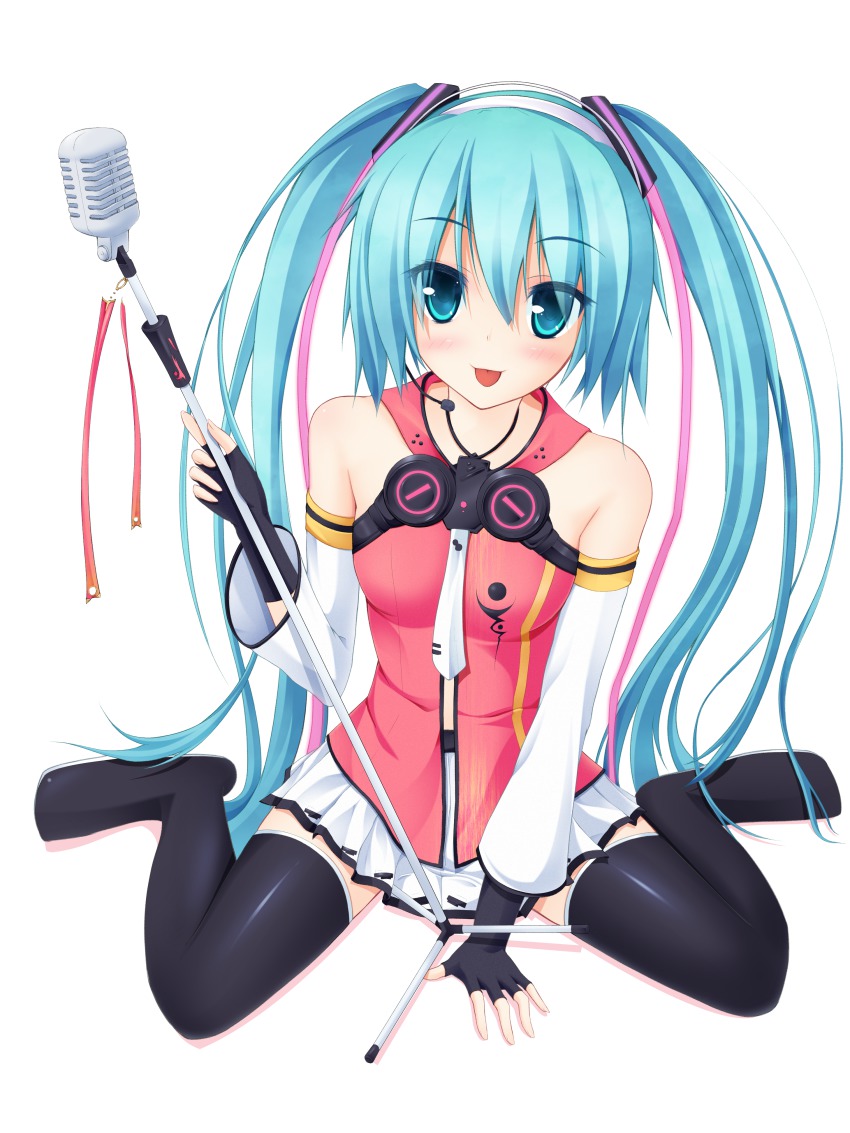 1girl, absurdres, akawata, aqua_eyes, aqua_hair, black_thighhighs, blush, colorized