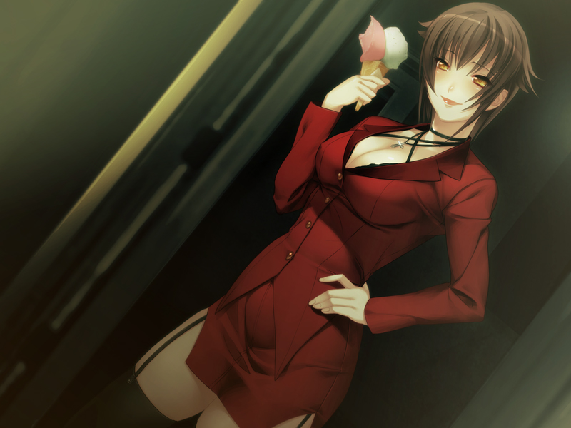 1girl, belted, belted_dress, black_hair, black_thighhighs, breasts, brown_hair, business_suit, choker, clasped_dress, cleavage, cross, dress, dutch_angle, female_focus, food, formal_clothes, game_cg, garter_belt, gekkou_no_carnevale, hand_on_own_hip, hip_focus, ice_cream, jewelry, large_breasts, latin_cross, lipstick, makeup, miniskirt, necklace, nitroplus, oosaki_shin'ya, pencil_skirt, rebecca_(gekkou_no_carnevale), short_hair, skirt, skirt_suit, smile, solo, suit, thighhighs, tight_clothes, tight_dress, yellow_eyes, zettai_ryouiki