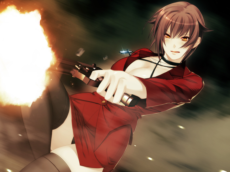 1girl, black_hair, black_panties, black_thighhighs, breasts, brown_hair, business_suit, casing_ejection