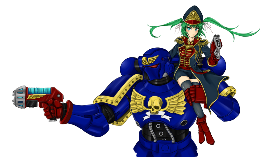 armor, blue_eyes, commissar_(warhammer_40k), green_hair, gun, handgun, hat, highres