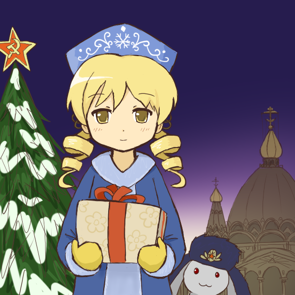 10s, alternate_costume, blonde_hair, box, christmas, christmas_tree, church, coyc