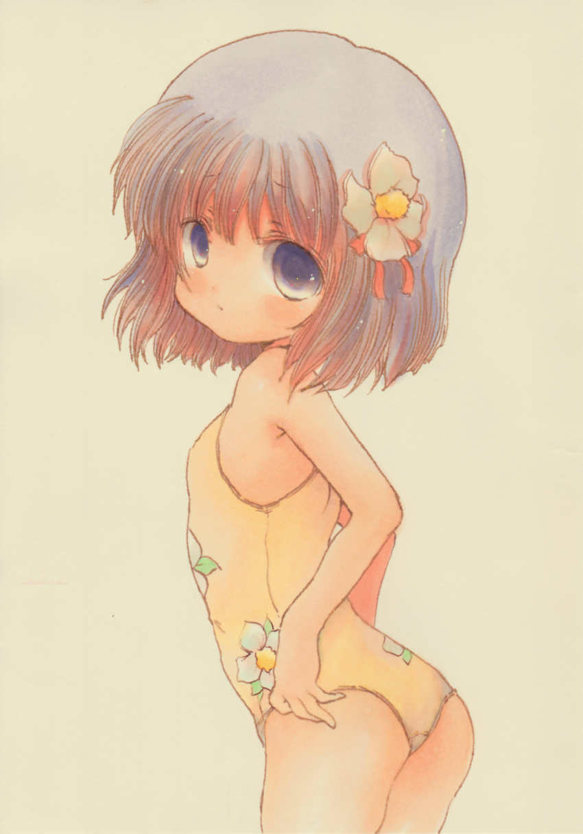 1girl, absurdres, adjusting_clothes, adjusting_swimsuit, arched_back, armpits, ass, blue_eyes, blush, casual_one-piece_swimsuit, child, female_focus, flat_chest, floral_print, flower, from_behind, hair_flower, hair_ornament, hair_ribbon, hieda_no_akyuu, highres, looking_back, nishina_masato, one-piece_swimsuit, print_swimsuit, purple_hair, ribbon, short_hair, simple_background, solo, standing, swimsuit, touhou, traditional_media, yellow_one-piece_swimsuit