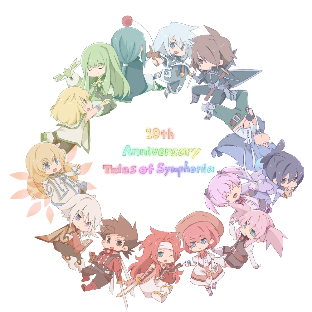 00s, 6+boys, 6+girls, alicia_combatir, anniversary, chibi, colette_brunel, corrine, creature, everyone, fujibayashi_sheena, genius_sage, kratos_aurion, lloyd_irving, martel_(tales), martel_yggdrasill, mithos_yggdrasill, multiple_boys, multiple_girls, noishe, presea_combatir, rainbow_order, rainbow_text, red_shirt, raine_sage, regal_bryan, seles_wilder, shirt, tales_of_(series), tales_of_symphonia, white_background, yakigyouza, yuan_(tales), yuan_(tales_of_symphonia), zelos_wilder