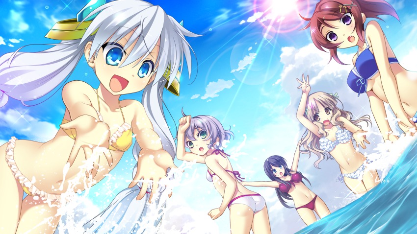 5girls, ass, bikini, black_hair, blonde_hair, blue_eyes, breasts, cameltoe