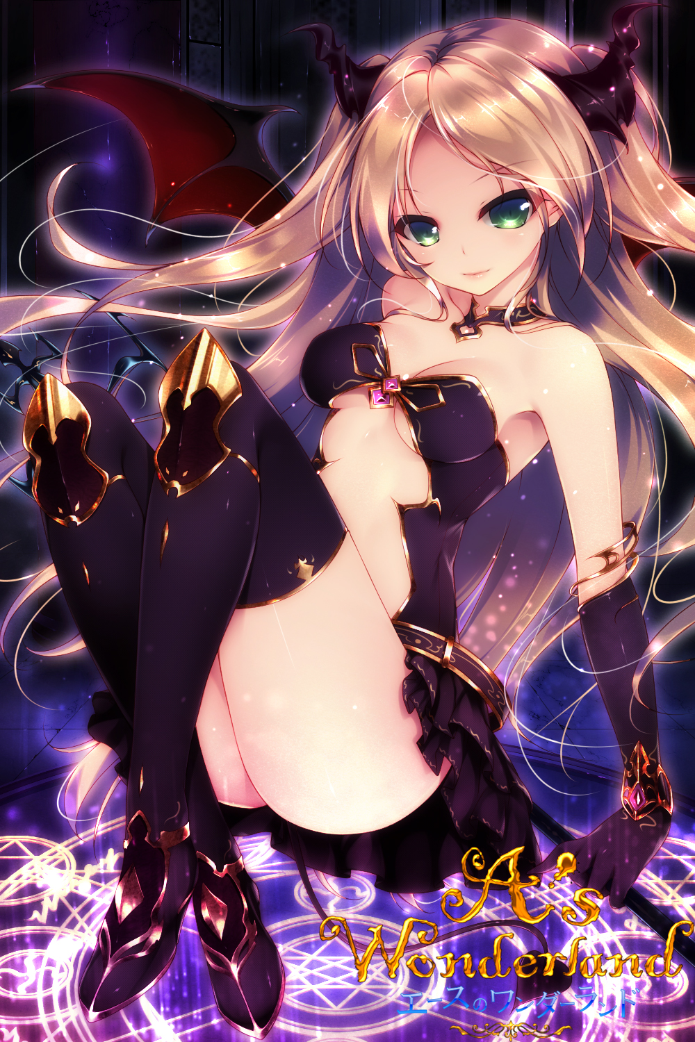 1girl, a's_wonderland, bad_id, bad_pixiv_id, bare_shoulders, black_thighhighs, blonde_hair, boots, breasts, copyright_name, demon_tail, demon_wings, female_focus, gloves, green_eyes, hexagram, highres, horns, light_smile, lips, long_hair, looking_at_viewer, magic_circle, midriff, original, shiny_skin, shokuyou_mogura, small_breasts, smile, solo, tail, thigh_boots, thighhighs, thighs, very_long_hair, wings