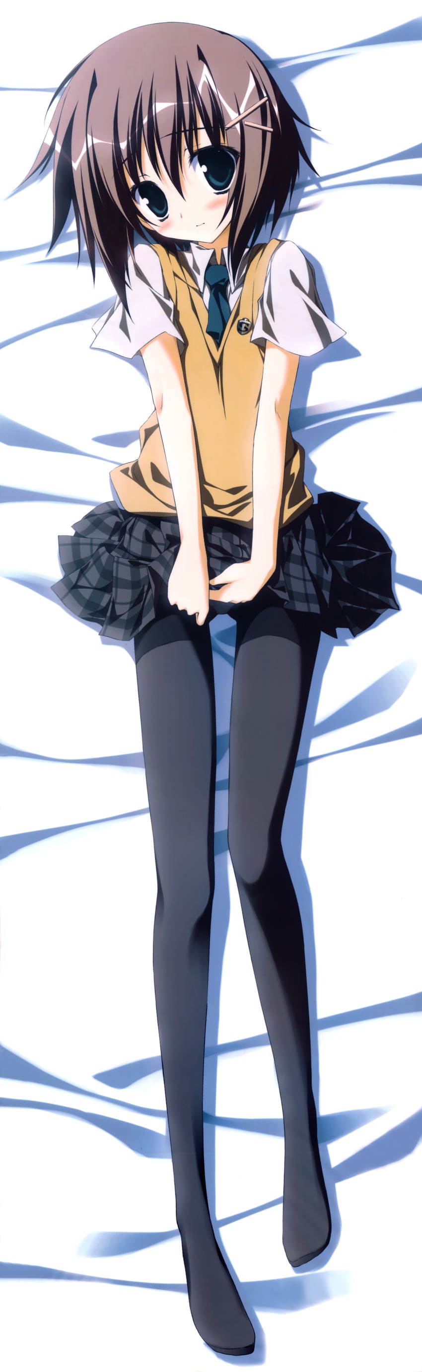 1girl, absurdres, bed, bed_sheet, black_pantyhose, blue_eyes, blush, brown_hair
