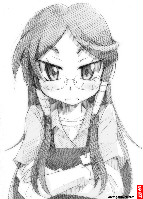 1girl, apron, black_hair, blush, crossed_arms, female_focus, frown, glasses, gofu, greyscale, hair_ornament, monochrome, name_tag, namiuchigiwa_no_muromi-san, otohime_(muromi-san), solo, traditional_media, tsurime, watermark