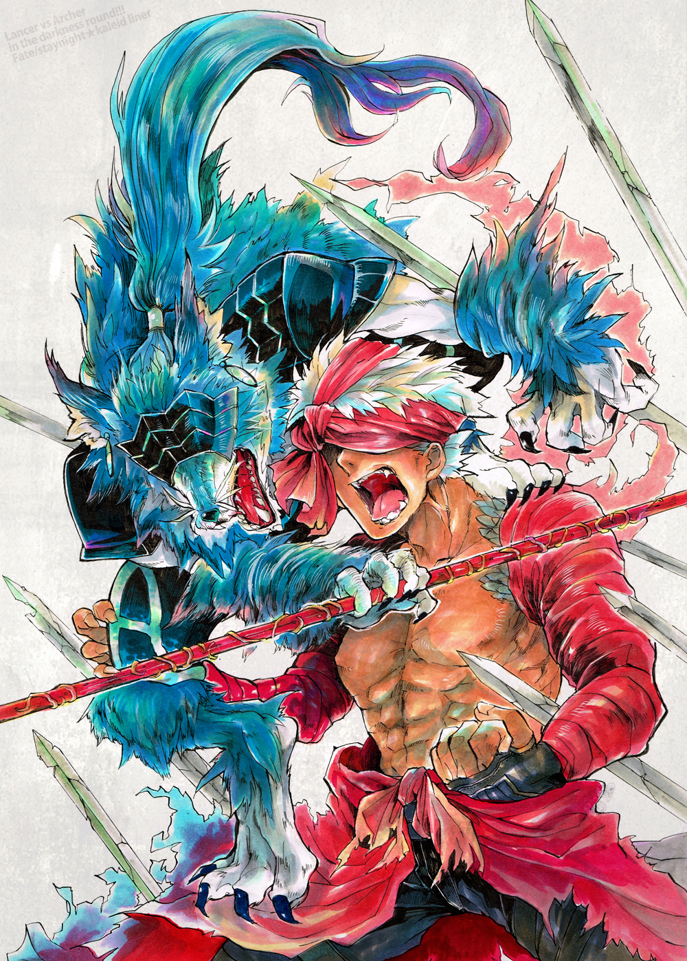 1boy, 2boys, abs, alternate_form, animal_ears, animalization, archer_(fate), archer_(prisma_illya)