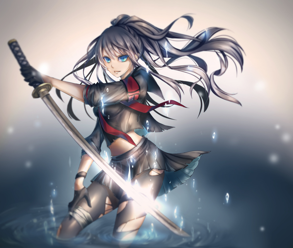 1girl, armband, bad_id, bad_pixiv_id, bandages, black_gloves, blue_eyes, female_focus