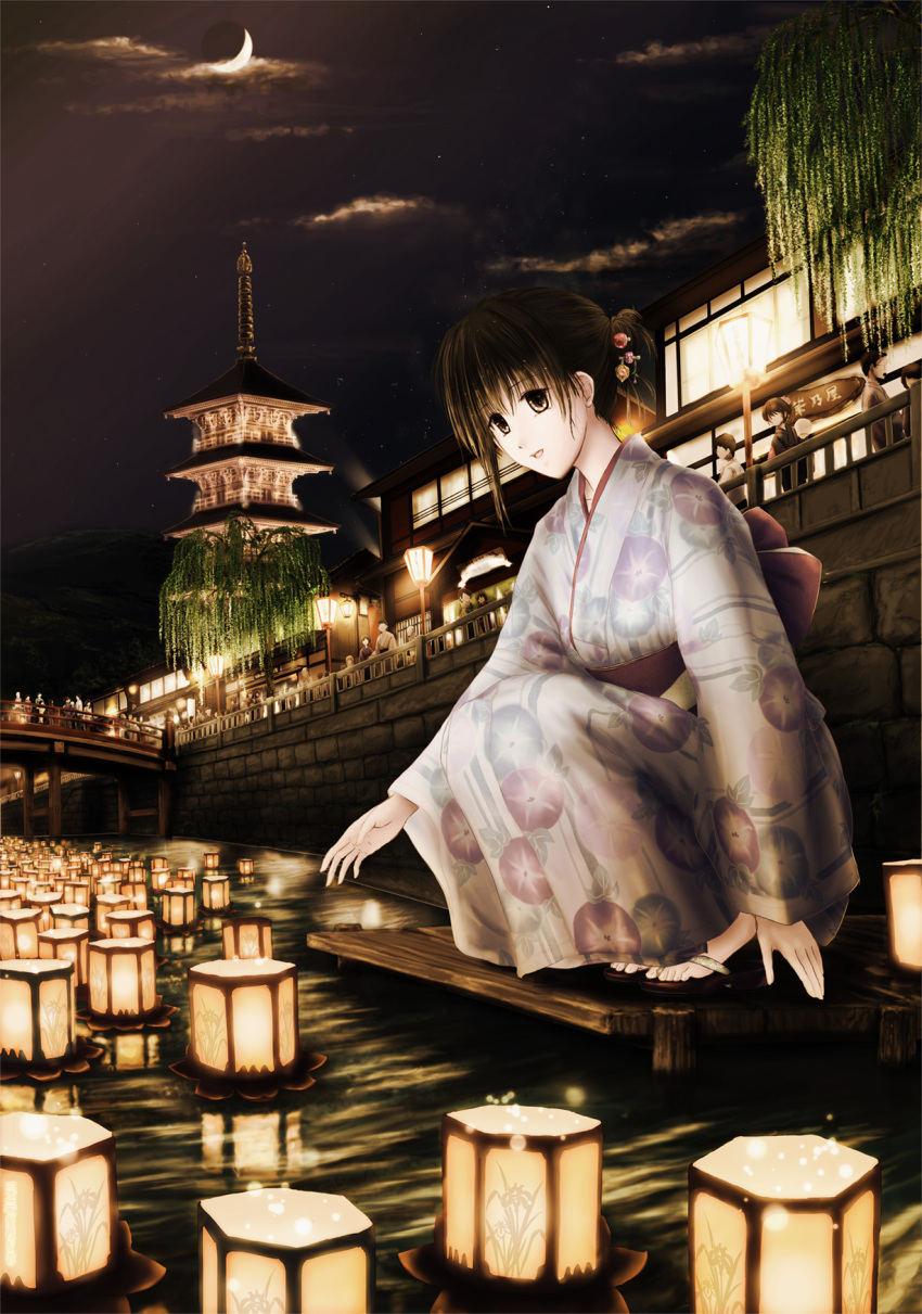 1girl, architecture, bad_id, bad_pixiv_id, bridge, brown_eyes, brown_hair, crescent_moon