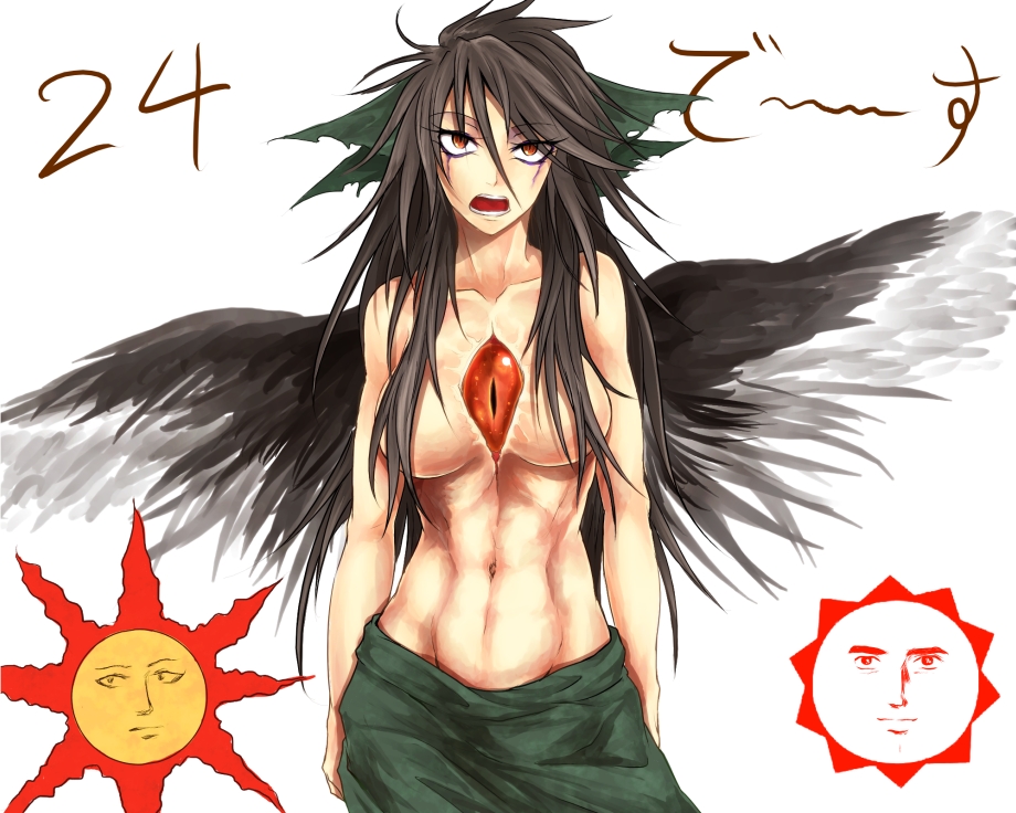 1girl, 24_(series), abs, black_hair, breasts, censored, convenient_censoring, dark_souls_(series), dark_souls_i, female_focus, hair_ribbon, kuso_miso_technique, manatsu_no_yo_no_inmu, navel, open_mouth, orange_eyes, red_eyes, reiuji_utsuho, ribbon, ryuuichi_(f_dragon), skirt, solo, sun_symbol, third_eye, topless_female, touhou, wings, yaranaika