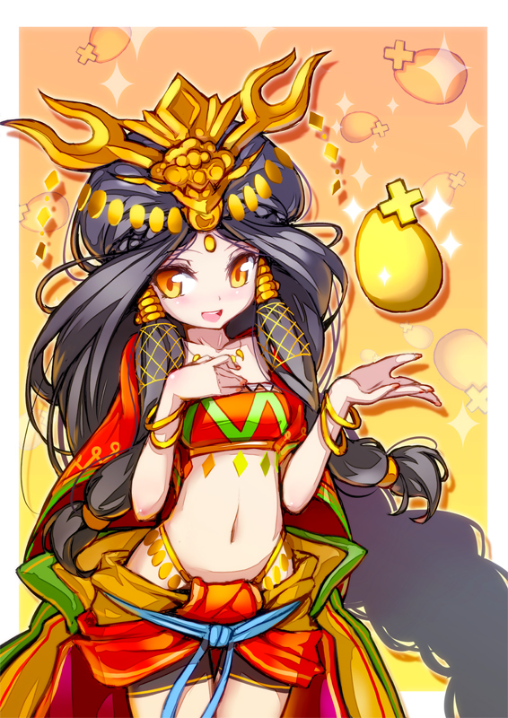 1girl, :d, ame_no_uzume_(p&amp;d), bandeau, bike_shorts, black_hair, bracelet, egg, female_focus, hair_ornament, hong_(white_spider), jewelry, long_hair, looking_at_viewer, lots_of_jewelry, navel, open_mouth, puzzle_&amp;_dragons, sidelocks, smile, solo, sparkle, strapless, thigh_gap, tube_top, very_long_hair, yellow_eyes