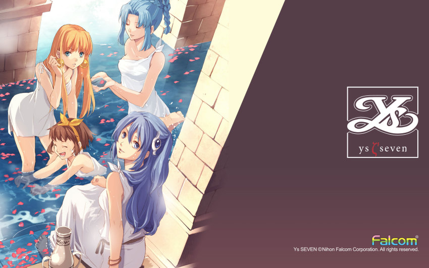 4girls, aisha_sari_edonas, barefoot, blue_eyes, blue_hair, bracelet, braid, breasts, brown_hair, company_name, copyright_name, dress, earrings, enami_katsumi, closed_eyes, falcom, hairband, half_updo, highres, jewelry, long_hair, looking_back, maya_(ys), medium_breasts, mishera_(ys), multiple_girls, official_art, orange_hair, petals, short_hair, skirt, tia_(ys), urn, water, wet, white_dress, ys, ys_seven