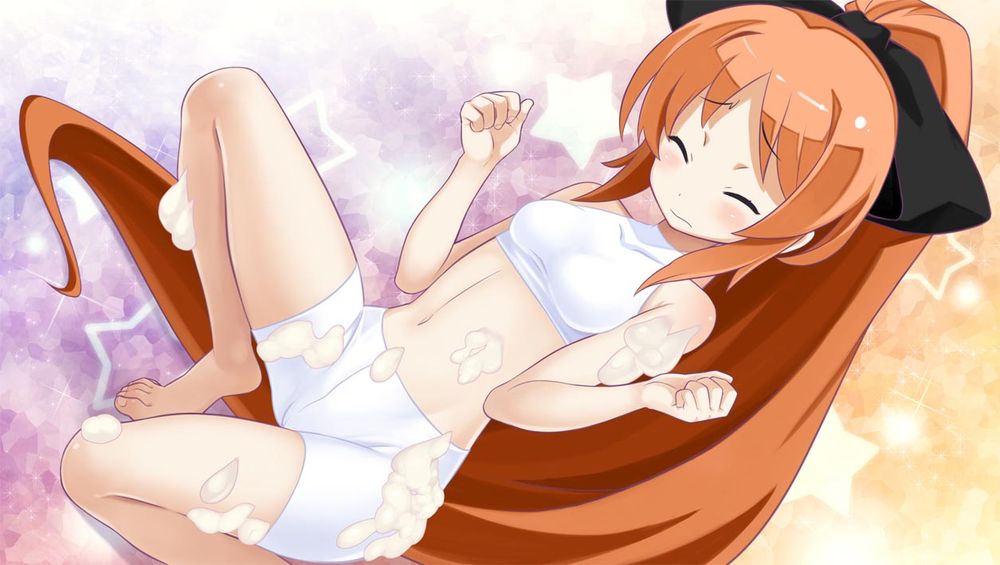 1girl, attouteki_yuugi_mugen_souls, attouteki_yuugi_mugen_souls_z, barefoot, bike_shorts, bow, brown_hair, closed_eyes, crop_top, dutch_angle, female_focus, gradient_background, hair_bow, halterneck, harada_takehito, high_ponytail, hirano_katsuyuki, long_hair, midriff, nao_(mugen_souls), navel, official_art, on_one_knee, ponytail, purple_background, shorts, sitting, soap_bubbles, solo, star_(symbol), suggestive_fluid, wince, yellow_background