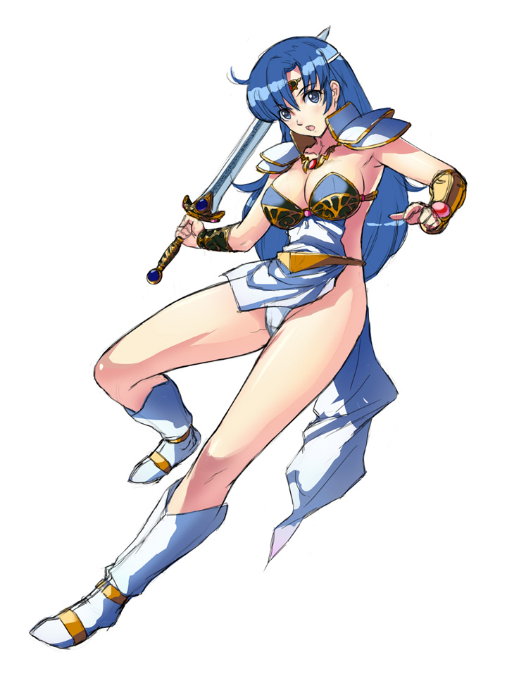 1girl, armor, armpits, asou_yuuko, belt, bikini_armor, blue_eyes, blue_hair, boots, breasts, circlet, cleavage, female_focus, full_body, knee_boots, long_hair, matching_hair/eyes, medium_breasts, mugen_senshi_valis, mugen_senshi_valis_ii, panties, pantyshot, pauldrons, revealing_clothes, shoulder_armor, simple_background, solo, sword, telenet_japan, uchiu_kazuma, underwear, valis, valis_sword, weapon, white_background