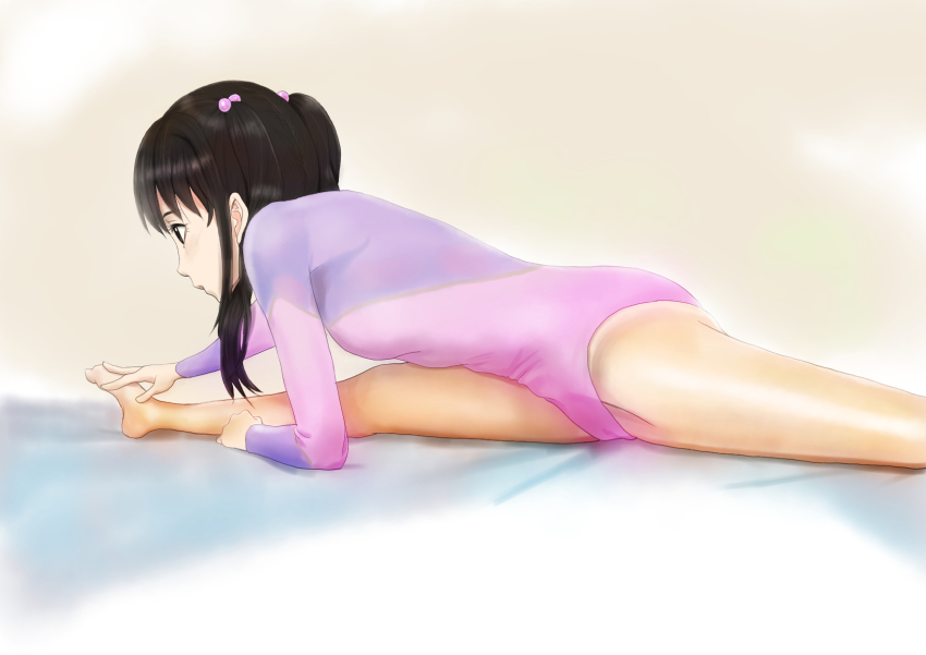 1girl, barefoot, black_eyes, black_hair, flexible, hands_on_feet, highres, leotard, long_hair, pantyhose, photokano, sakura_mai_(photokano), see-through_clothes, see-through_legwear, shinkuoh, split, stretching, twintails
