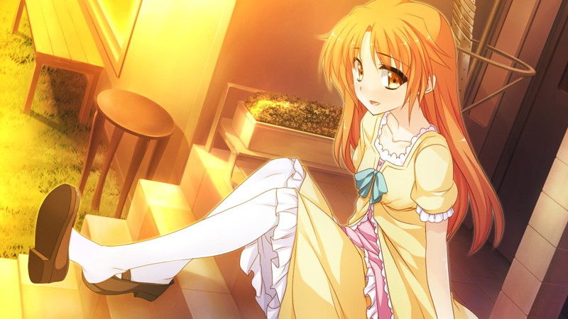 1girl, aono_sena, blonde_hair, game_cg, girls_be_ambitious!, long_hair, mtu_(orewamuzituda), open_mouth, score_(company), shoe_dangle, tagme, thighhighs, tongue