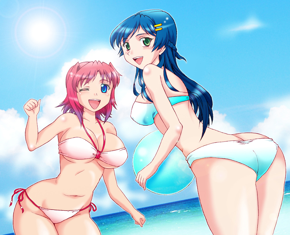 2girls, ass, ball, beach, beachball, bikini, blue_eyes, blue_hair