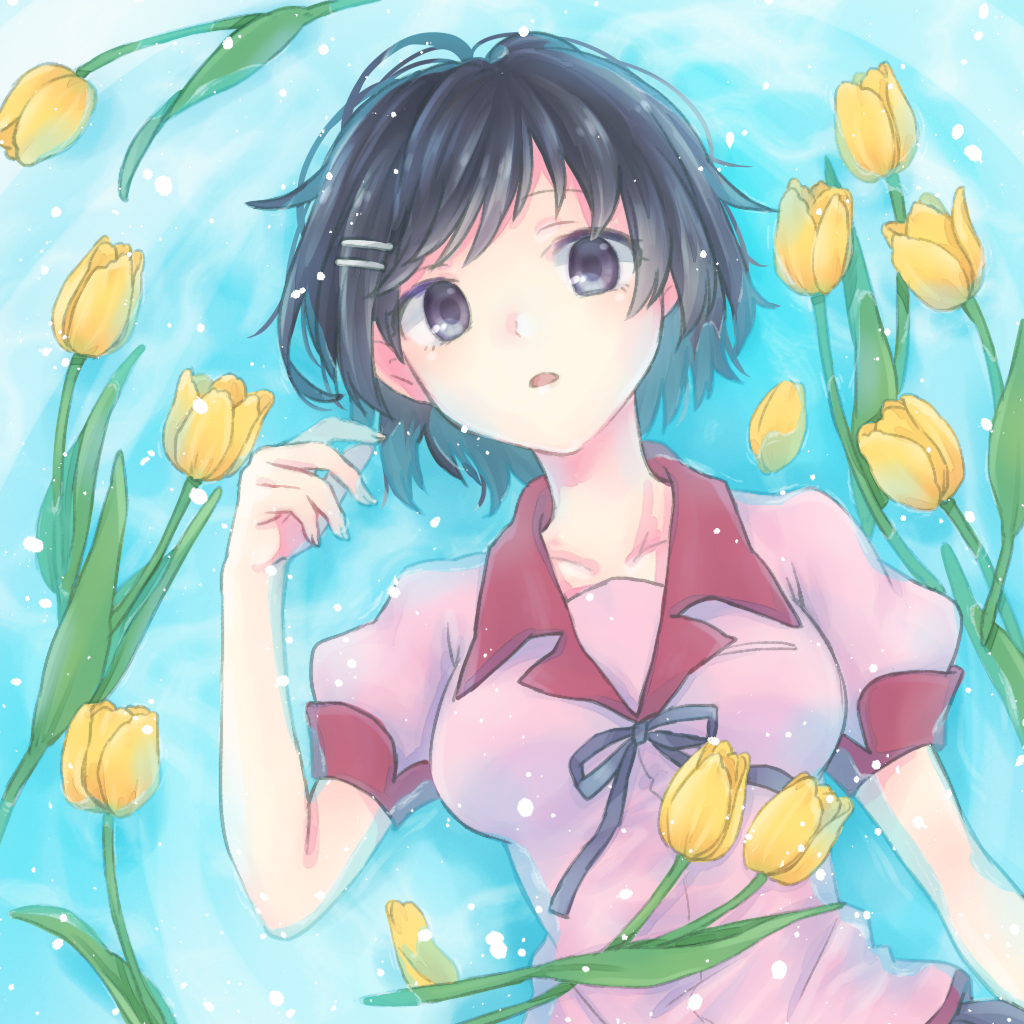 1girl, bad_id, bad_pixiv_id, bakemonogatari, black_hair, female_focus, flower, hair_ornament
