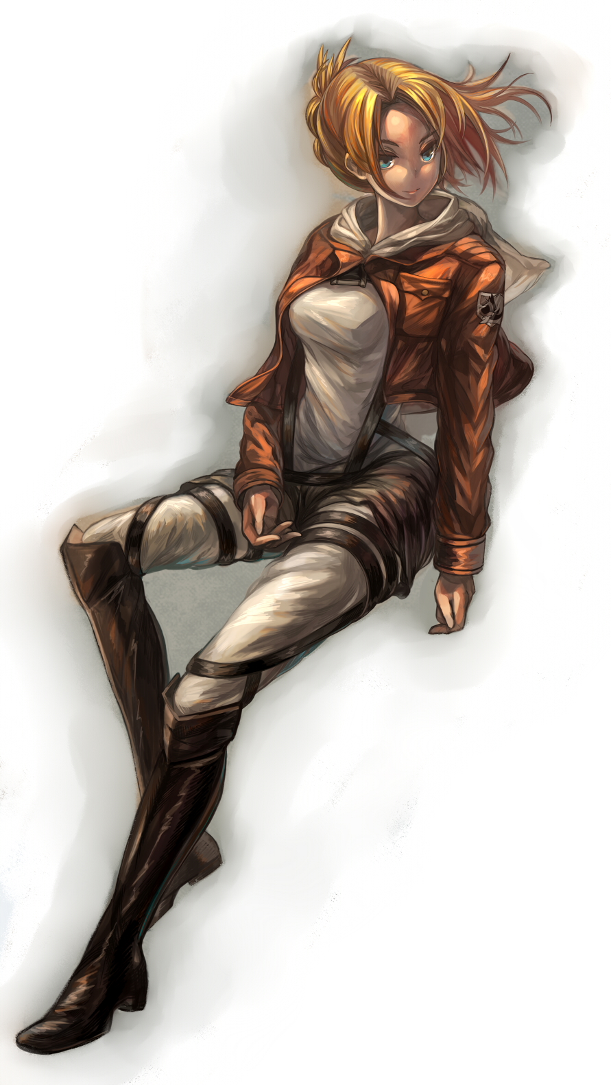 1girl, annie_leonhart, bad_id, bad_pixiv_id, blonde_hair, blue_eyes, boots, breasts