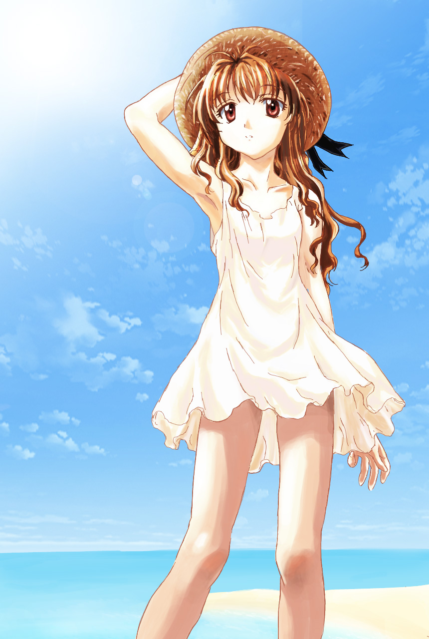 00s, 1girl, arm_up, armpits, bad_id, bad_pixiv_id, beach, brown_hair