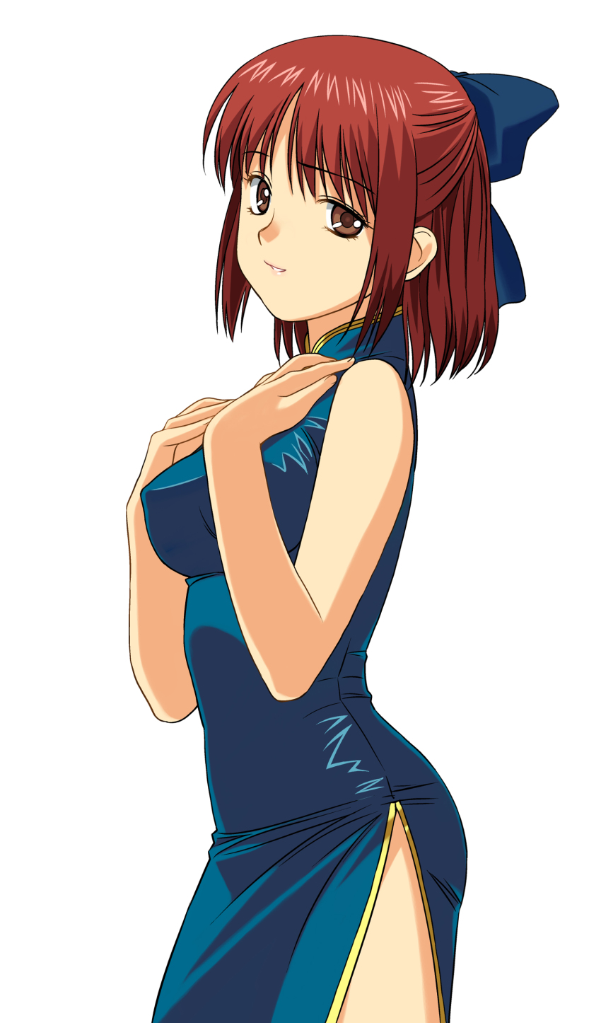 00s, 1girl, a1_(initial-g), absurdres, bow, china_dress, chinese_clothes, dress, female_focus, hair_bow, hands_on_own_chest, highres, impossible_clothes, impossible_dress, kohaku_(tsukihime), lipstick, looking_at_viewer, makeup, mr._chin, red_hair, short_hair, side_slit, simple_background, solo, standing, tsukihime