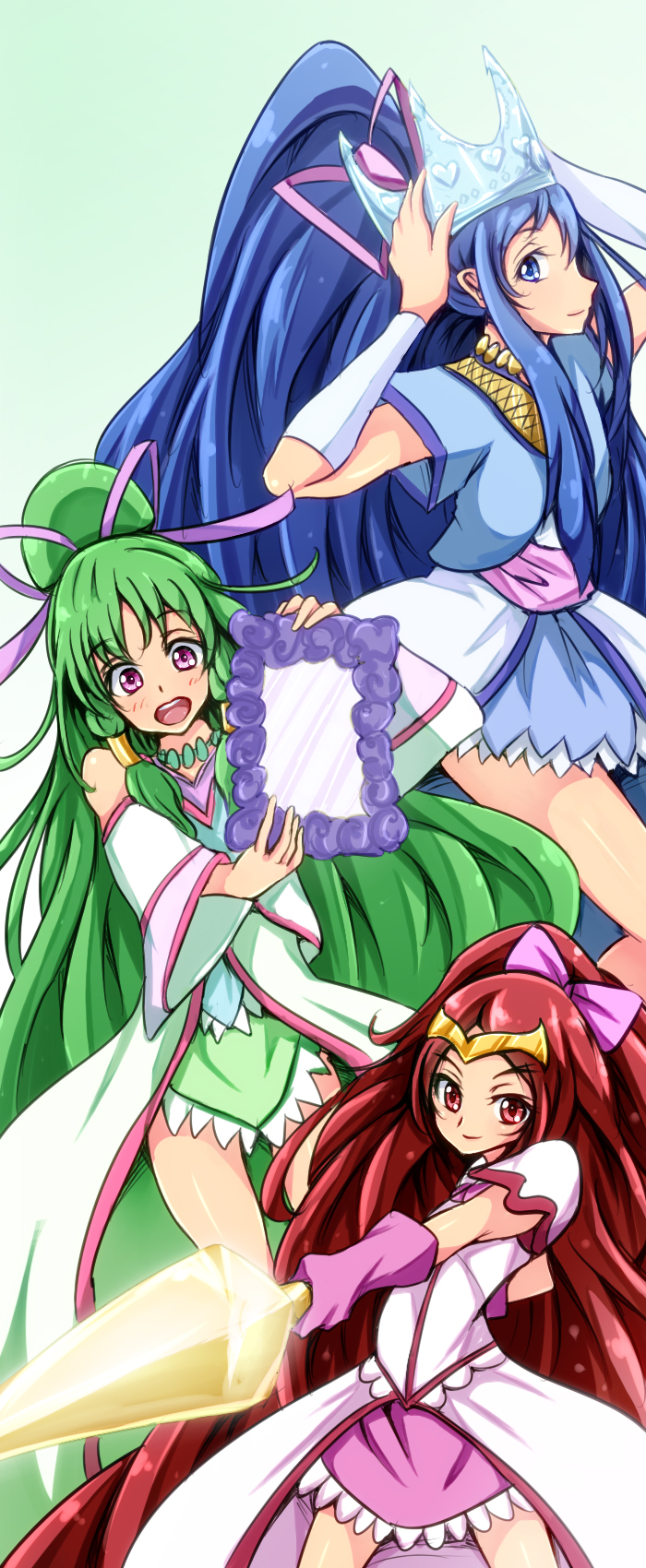 3girls, :d, blue_eyes, blue_hair, crown, cure_empress, cure_magician, cure_priestess