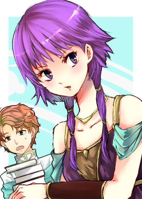 1boy, 1girl, artur_(fire_emblem), bare_shoulders, black_eyes, book, collarbone, couple