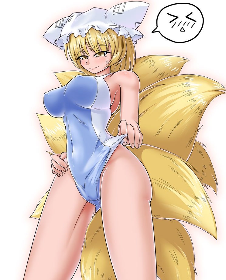 1girl, animal_ears, bad_id, bad_pixiv_id, blonde_hair, blush, competition_swimsuit, fox_tail, hat, nijimofu, one-piece_swimsuit, swimsuit, tail, touhou, yakumo_ran, yellow_eyes