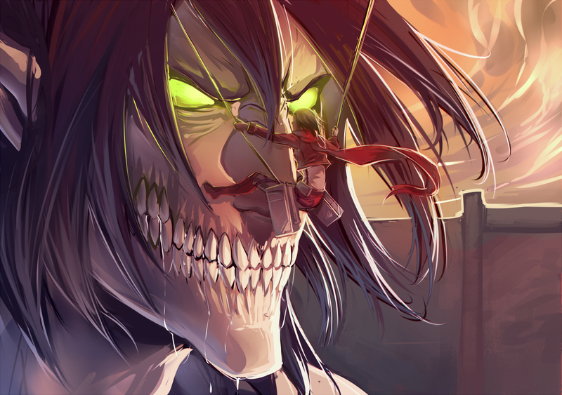 1girl, black_hair, brown_hair, cicada_block_(meme), giant, giant_monster, green_eyes, kaiju