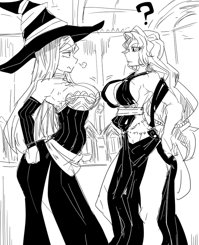 2girls, bare_shoulders, breasts, cleavage, criss-cross_halter, dragon's_crown, dress, greyscale, halterneck, hamoya, hand_on_own_hip, hat, indoors, jewelry, large_breasts, long_hair, monochrome, morgan_rizilia, multiple_girls, sketch, sorceress_(dragon's_crown), strapless, strapless_dress, witch_hat