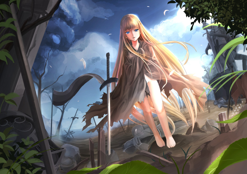 10s, 1girl, barefoot, blonde_hair, blue_eyes, cape, dutch_angle, evangeline_a.k._mcdowell