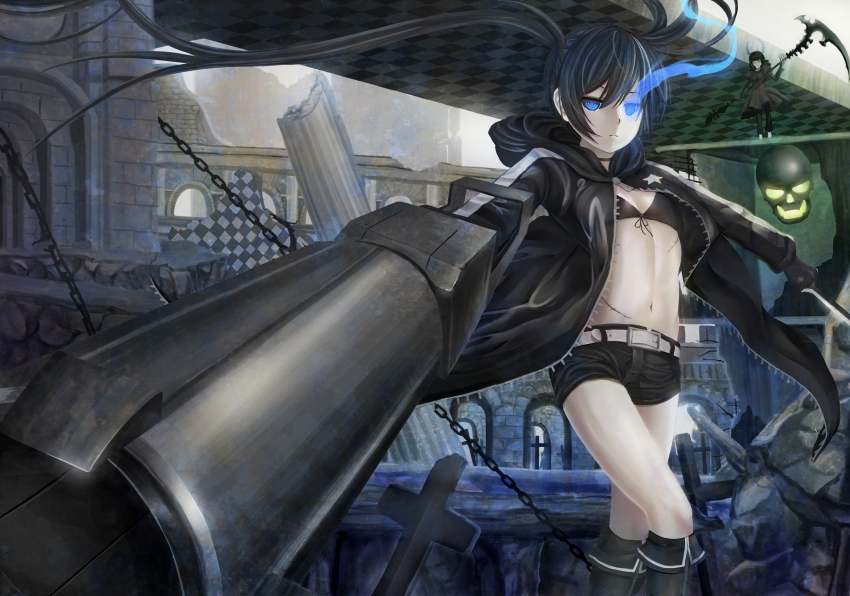 10s, 2girls, arm_cannon, asymmetrical_hair, belt, bikini, bikini_top_only, black_dress
