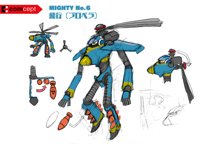 aircraft, aviator_(mighty_no._9), reference_sheet, concept_art, helicopter, kimoto_takenori, mighty_no._9, missile