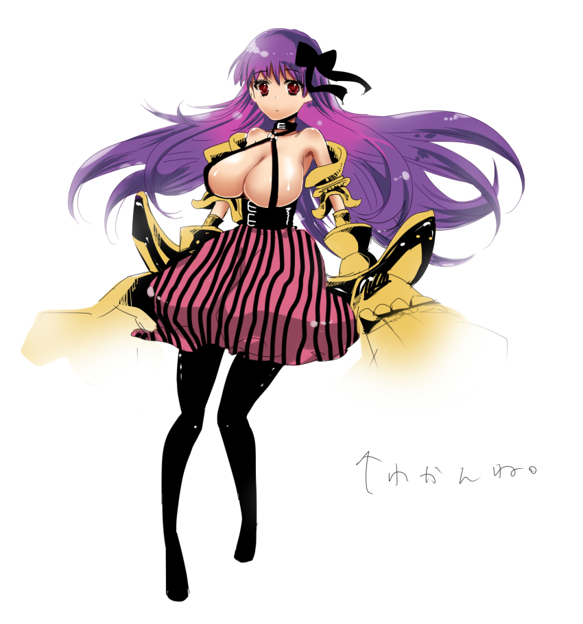 10s, 1girl, black_pantyhose, breasts, fate/extra, fate/extra_ccc, fate_(series), female_focus, hair_ribbon, highres, huge_breasts, long_hair, pantyhose, passionlip_(fate), purple_eyes, purple_hair, red_eyes, ribbon, solo, very_long_hair, yu_(13377)