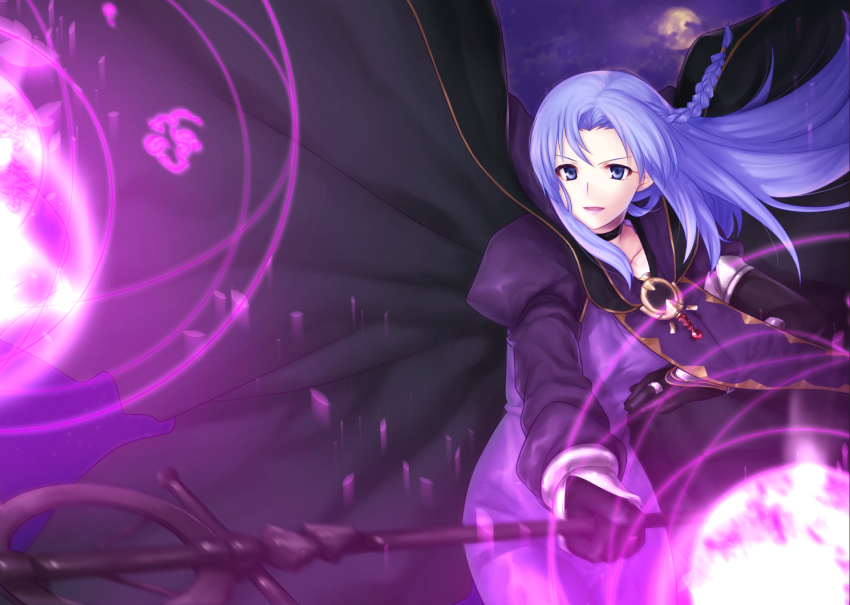 1girl, bad_id, bad_pixiv_id, blue_eyes, blue_hair, braid, fate/stay_night, fate_(series), female_focus, hecate's_staff_(fate), long_hair, magic, matching_hair/eyes, medea_(caster)_(fate), medea_(fate), pointy_ears, solo, staff, vulture_(washizu0808)