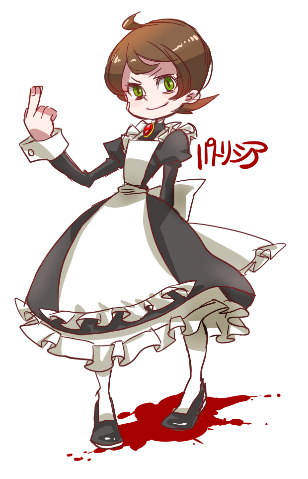 1girl, apron, blood, fal0811, maid, maid_apron, middle_finger, peacock_(skullgirls), short_hair, skullgirls